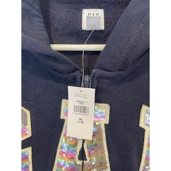 GAP Zip Up Hooded Sweatshirt Navy Blue Sparkle Sequin Logo Girls Nwt Size 12 XL - Picture 7 of 10